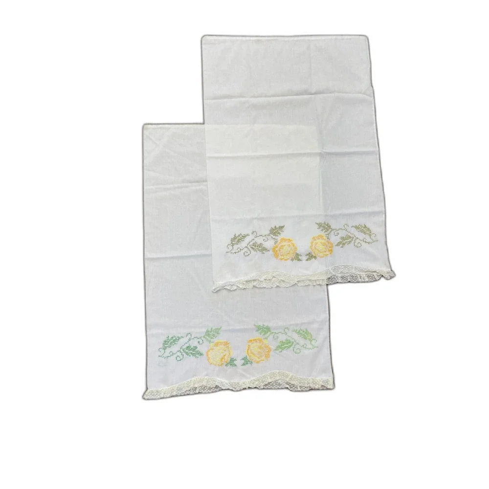 Vintage Embroidery Stitch Yellow Rose Lace Standard Pillow Cases Set Pair Cotton